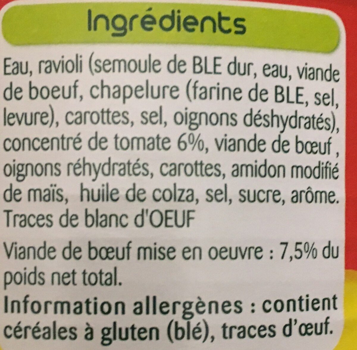 Le Ravioli, Pur Bœuf - Ingrédients - fr