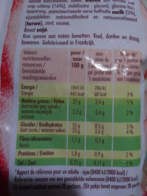 Petites madeleines La Vraie Recette - Tableau nutritionnel - fr