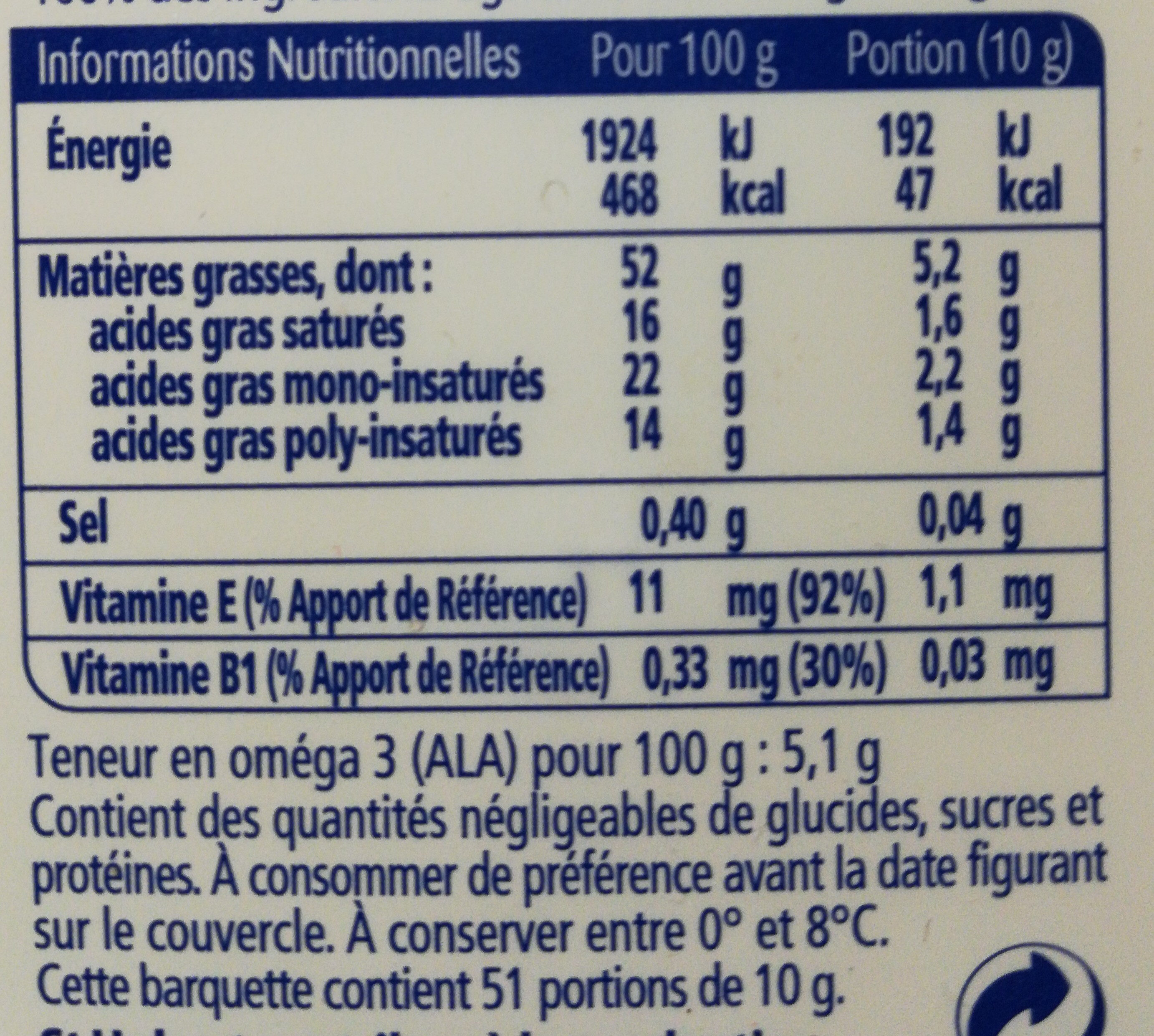 Oméga 3 Doux Tartine & Cuisson - Informations nutritionnelles - fr