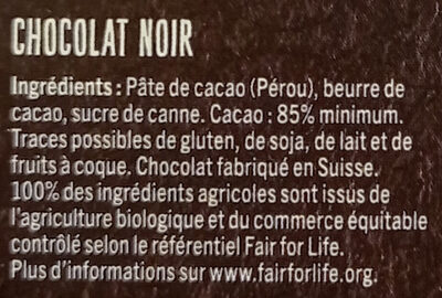 Noir Pérou 85% notes fruitées - Ingrédients - fr