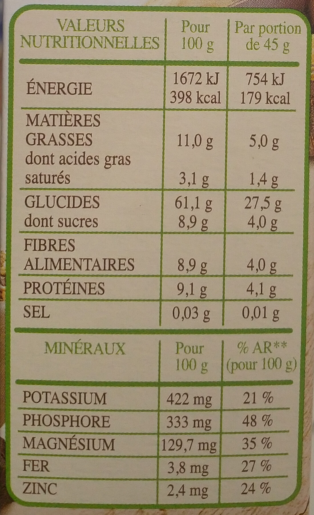 Muesli bio chocolat noir - Informations nutritionnelles - fr
