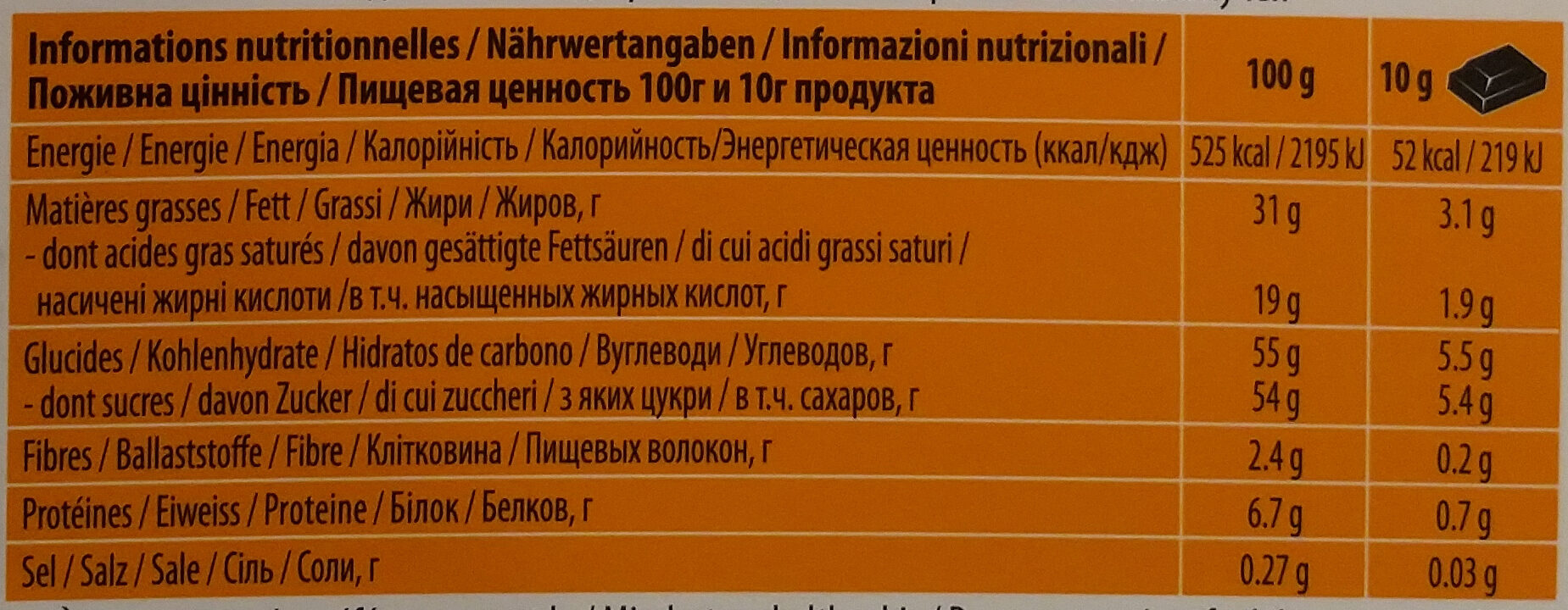 Chocolat Lait Orange - Informations nutritionnelles - fr