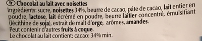 Chocolat Lait 34% Noisettes - Ingrédients - fr
