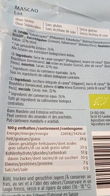 Chocolat bio au lait - Informations nutritionnelles - fr