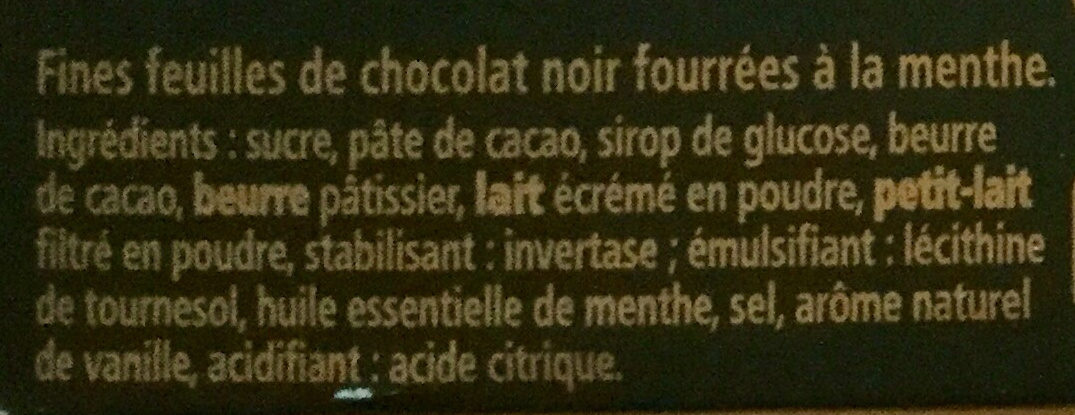 Fines feuilles de chocolat noir fourrées à la menthe - Ingrédients - fr