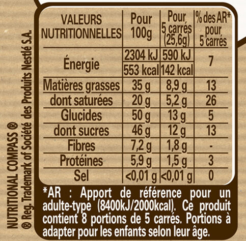 Chocolat noir pour préparation pâtissière - Informations nutritionnelles - fr