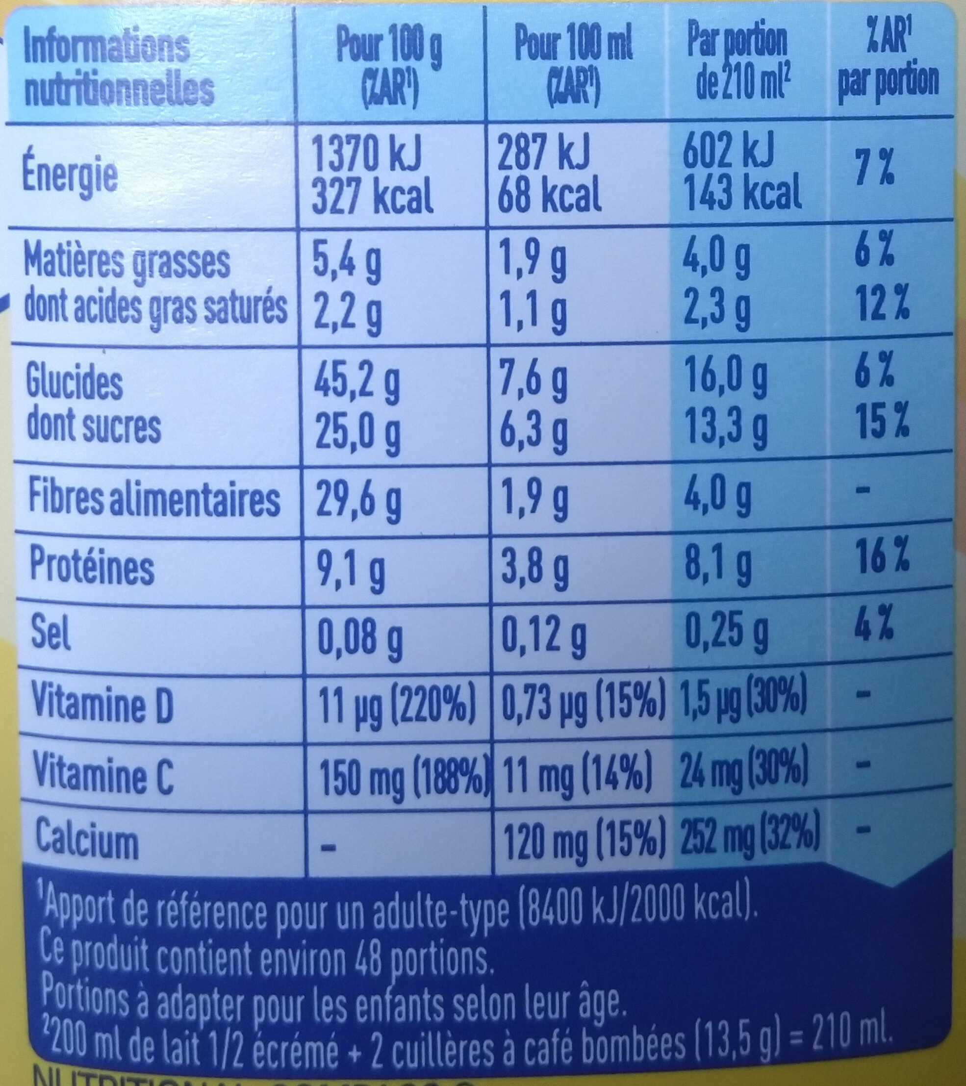 NESQUIK Moins de Sucres Poudre Cacaotée boîte - Informations nutritionnelles - fr
