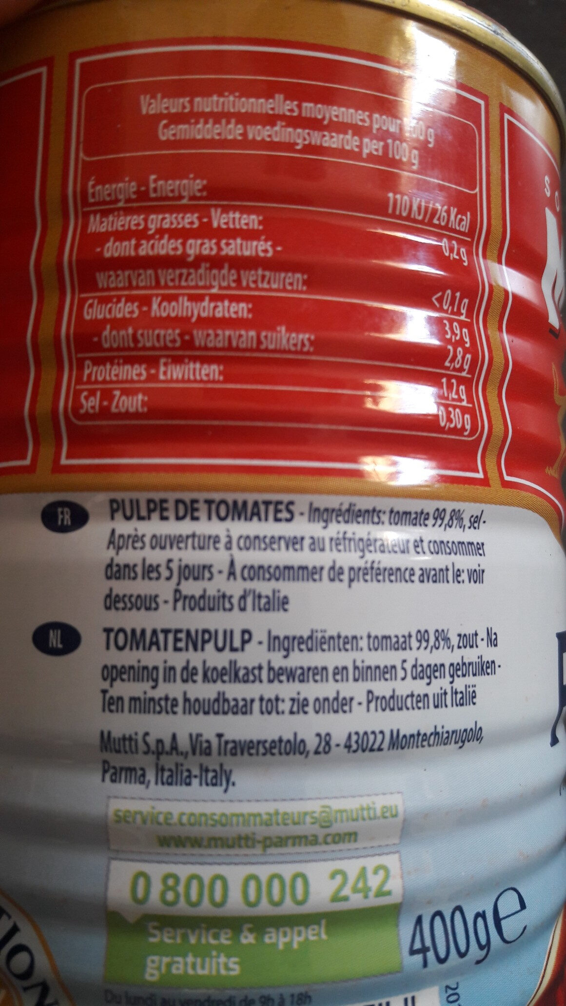 Polpa Pulpe fine de tomate - Tableau nutritionnel - fr